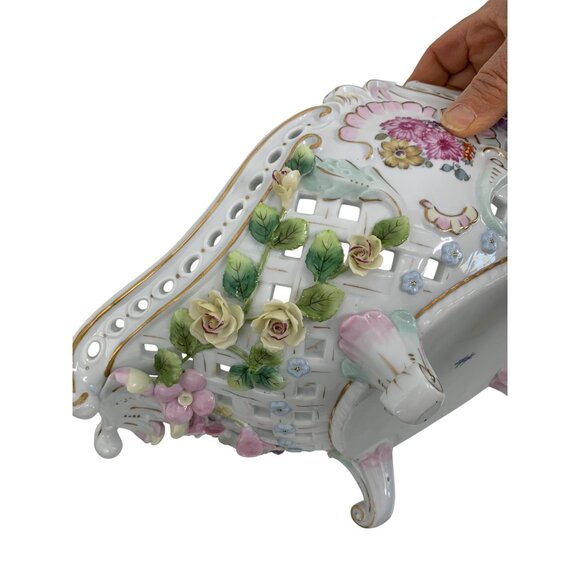 Antique Large Porcelain Floral Footed Centerpiece Bowl encrusted Rose & Leaf - Picture 3 of 16